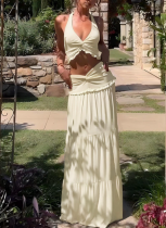 Sexy V-neck Ruffled Halter Neck Sling Twisted LongSkirt Two-piece Suit