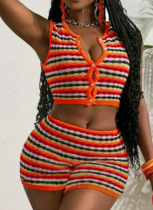Sexy Women'S Knitted Color-Blocked Vest Shorts Two-Piece Set