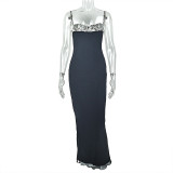 Elegant Splicing Open Back Pleated Contrast Color Sling Hip Dress