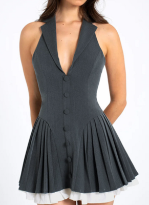 Women'S Halter Neck Sleeveless Double Layer Contrast Color Backless Dress