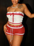 Sexy Woolen Drawstring Tube Top With Contrasting Striped Shorts Two-piece Set