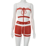 Sexy Woolen Drawstring Tube Top With Contrasting Striped Shorts Two-piece Set