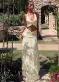 Sexy V-neck Ruffled Halter Neck Sling Twisted LongSkirt Two-piece Suit