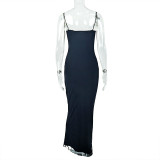 Elegant Splicing Open Back Pleated Contrast Color Sling Hip Dress