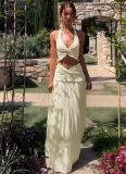Sexy V-neck Ruffled Halter Neck Sling Twisted LongSkirt Two-piece Suit