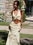 Sexy V-neck Ruffled Halter Neck Sling Twisted LongSkirt Two-piece Suit