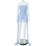Fashionable Fake Two-piece Mesh Tube Top With Pleated Tight Dress