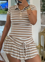 Women'S Striped Lapel Short-Sleeved T-Shirt Shorts Two-Piece Suit