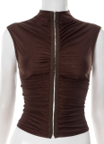 New Solid Color Half Turtleneck Buttoned Pleated Slim Fit Vest