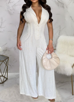 Solid Color Sleeveless Waisted Linen Casual Wide-Leg Jumpsuit For Women