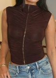 New Solid Color Half Turtleneck Buttoned Pleated Slim Fit Vest