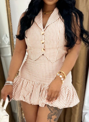 Lapel Striped Single-Breasted Sleeveless Vest Flower Bud Skirt Two-Piece Set