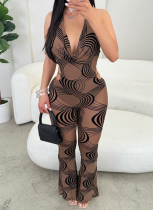 New Women'S Thread Print Fashion Sexy Lace-Up Jumpsuit