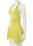 New Solid Color V-Neck Backless Lace-Up Pleated Sexy Dress