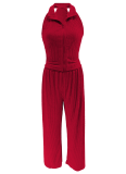 Summer Sleeveless Tops Pleated Loose Trousers Solid Color Two-Piece Suit For Women