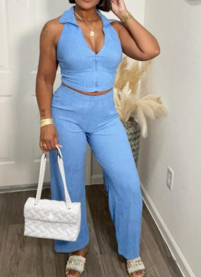 Summer Sleeveless Tops Pleated Loose Trousers Solid Color Two-Piece Suit For Women