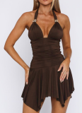 New Solid Color V-Neck Backless Lace-Up Pleated Sexy Dress
