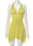 New Solid Color V-Neck Backless Lace-Up Pleated Sexy Dress