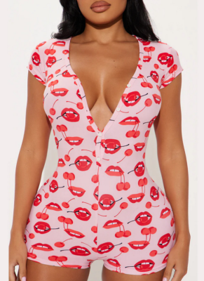 Casual Tight Waist Comfortable Printed Button Short Sleeve Short Jumpsuit