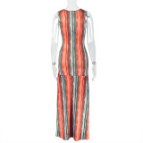 Fashion Sleeveless V-neck Printed Striped Comfortable Loose Hip Dress