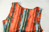 Fashion Sleeveless V-neck Printed Striped Comfortable Loose Hip Dress