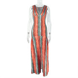 Fashion Sleeveless V-neck Printed Striped Comfortable Loose Hip Dress