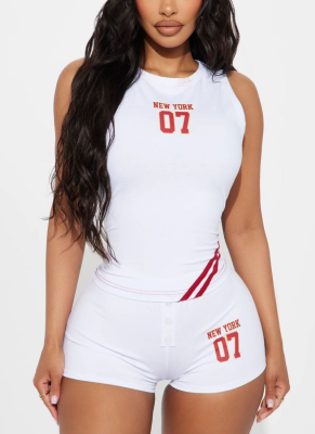 Fashion Navel-Exposed Short Alphanumeric Printed Vest Waist-Length Shorts Set