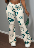 Casual Printed Hip-hugging Slim-fit Flared Trousers