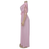 Fashionable and Casual Solid Color V-neck Lace-up Wide-leg Jumpsuit