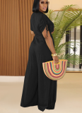 Fashionable and Casual Solid Color V-neck Lace-up Wide-leg Jumpsuit
