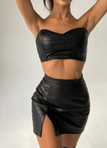 New Style Tube Top With Exposed Belly Button And Hip Slit Skirt Two Piece Set