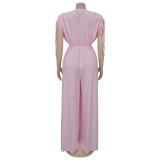 Fashionable and Casual Solid Color V-neck Lace-up Wide-leg Jumpsuit