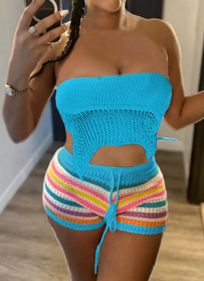 Strapless Knitting Sweater Two Piece Shorts Set