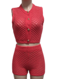 Fashion Casual Color Matching Cardigan Sweater Shorts Two Piece Suit For Women