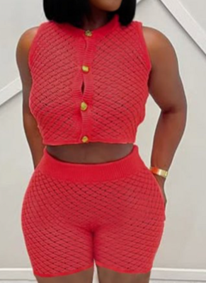 Fashion Casual Color Matching Cardigan Sweater Shorts Two Piece Suit For Women