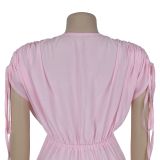 Fashionable and Casual Solid Color V-neck Lace-up Wide-leg Jumpsuit