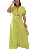 Fashionable and Casual Solid Color V-neck Lace-up Wide-leg Jumpsuit
