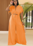 Fashionable and Casual Solid Color V-neck Lace-up Wide-leg Jumpsuit