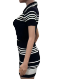 Striped Fashion Lapel Knit Top Short Skirt Two-Piece Suit For Women
