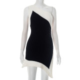 Sexy Slim Contrast Color Off-shoulder Backless Waist Slit Irregular Dress