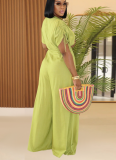 Fashionable and Casual Solid Color V-neck Lace-up Wide-leg Jumpsuit