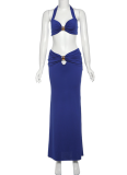 Solid Color Sexy Halter Neck Wrap Chest High Waist Slim Fit Long Skirt Two Piece Set