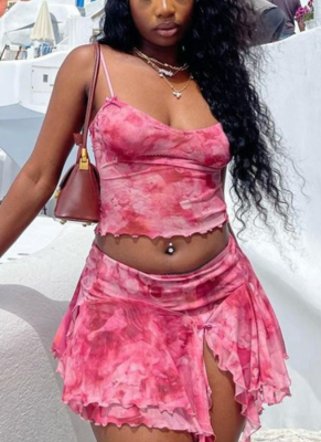 Fashion Print Sexy Camisole Vest Slit Skirt Two-piece Set