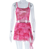 Fashion Print Sexy Camisole Vest Slit Skirt Two-piece Set