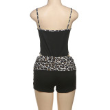 Sexy Jumpsuit Suspenders Leopard Print Tight Bottoming Shorts Set