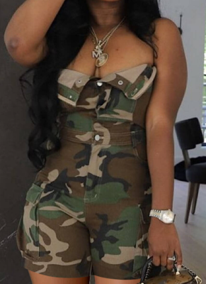 Tube Top Cardigan Button Camouflage Large Pocket Jumpsuit
