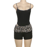 Sexy Jumpsuit Suspenders Leopard Print Tight Bottoming Shorts Set