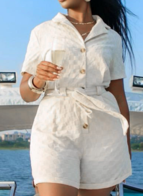 Summer Casual Lapel Tie Temperament Short-Sleeved Jumpsuit For Women