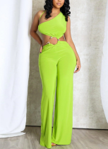 Sexy Hollow Oblique Neck Tie Gathered Ring Stitching Straight Long Jumpsuit