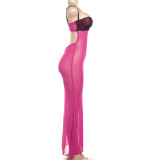 Sexy Mesh See-through Lace Splicing V-neck Slim Suspender Dress